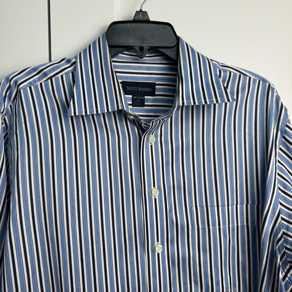 Scott Barber Men's Button Up Dress Shirt Button Down Blue Strip Size Large - Picture 7 of 7